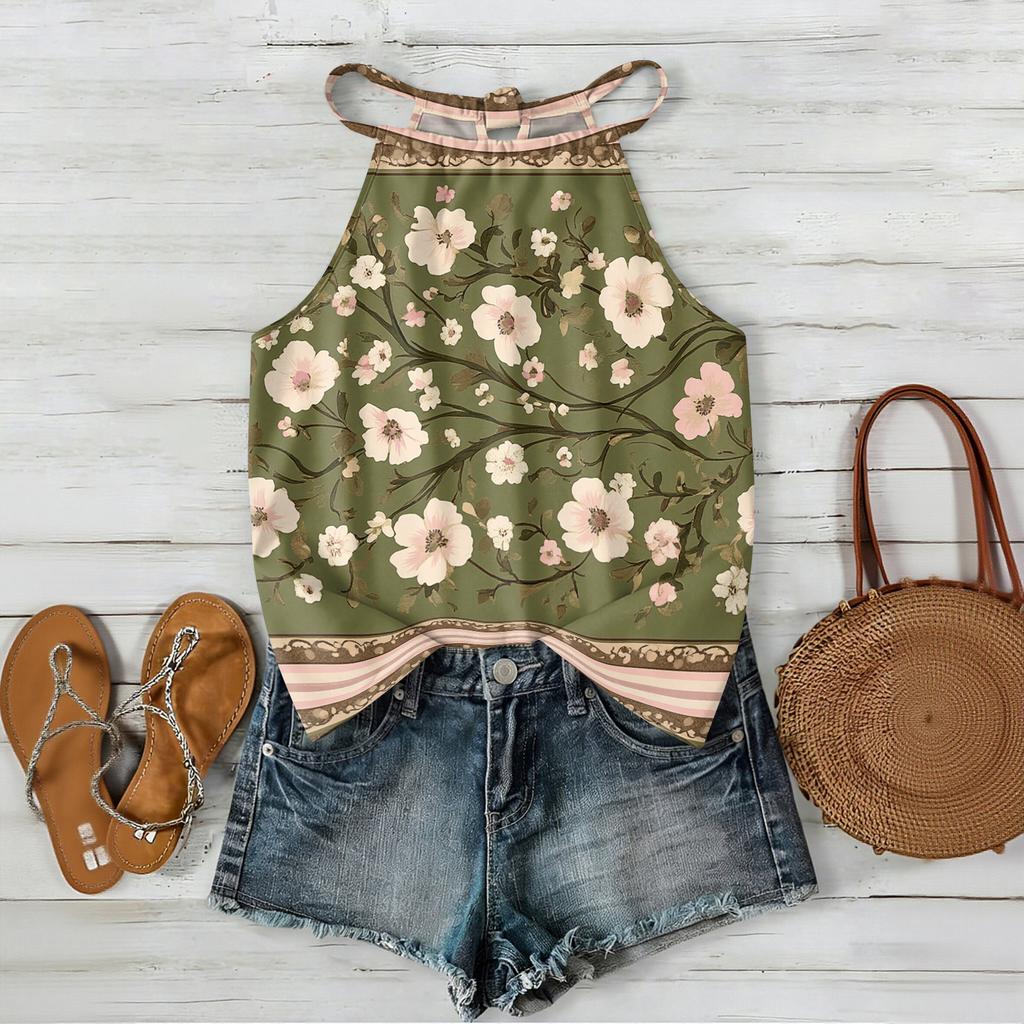 Damen Boho Blumenmuster Ärmelloses Tanktop Sommerlich Lässig Strandkleidung Leicht Locker Sitzende Bluse mit Verstellbaren Trägern
