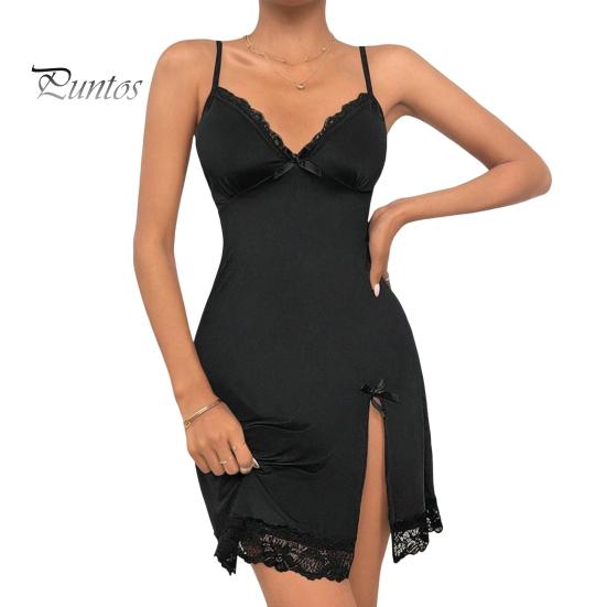Women Nightdress V Neck Backless Sleeveless Bow Lace Floral Embroidery Nightie Spaghetti Strap Slit Hem Nightgown for Valentines Day Wedding Night
