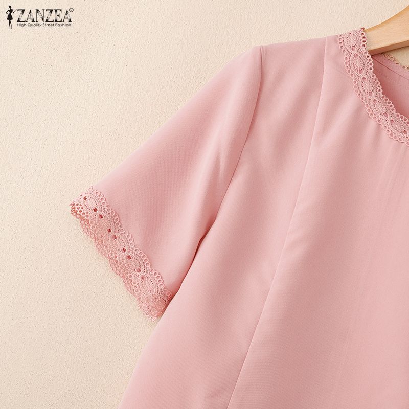 ZANZEA Women Lace Splice Round Neck Casual Short Sleeve Blouse