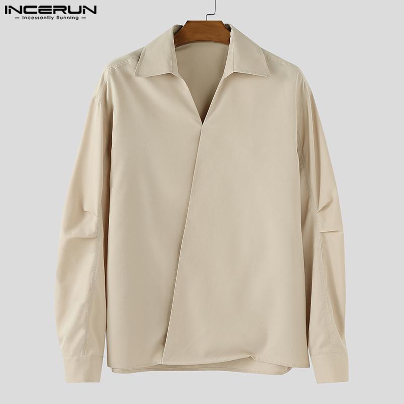 INCERUN Camisas Casuales Holgadas de Manga Larga con Cuello en V para Hombre de Talla Grande con Cruce Delantero