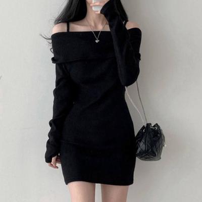 Sexy Off Shoulder Camisole, Lapel, Slim Fit Ribbed Knit Dress, Hip Hugging Short Skirt