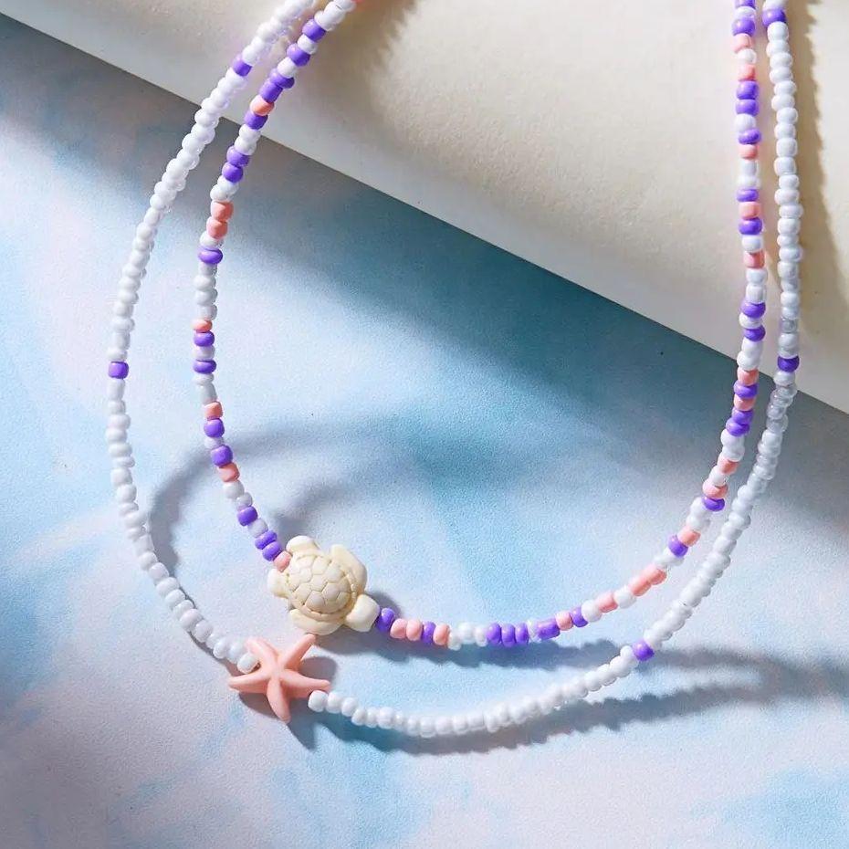 Bohemian Mixed Color Rice Beads Starfish Pendant Necklace for Women Double Turtle Chain Clavicle Necklace Summer Travel Jewelry