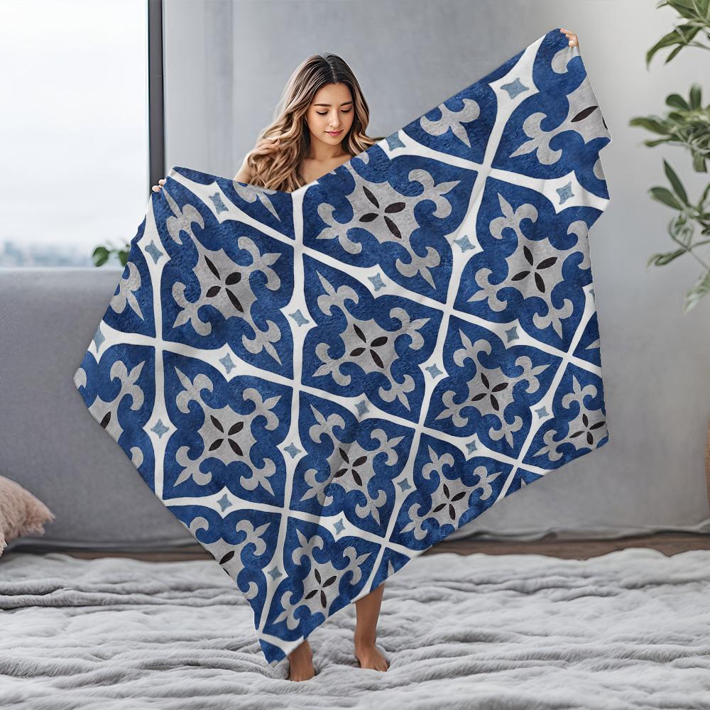 Navy Blue Geometric Tile Pattern Fleece Blanket Sofa Throw Decorative Throw Blanket Bed Cover Gift