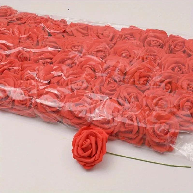50pcs/package White PE Rose Artificial Flower Head with Stem DIY Bouquet Wedding Party Home Decoration Scrapbook Supplies