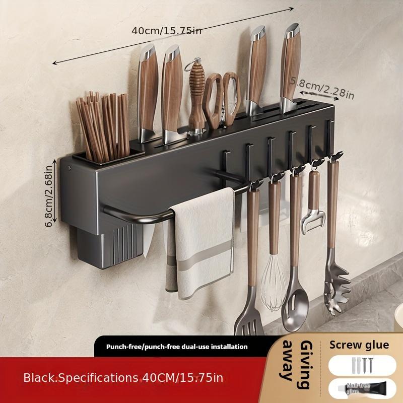 Modern Wall-Mounted Knife Rack with Utensil Holder, Carbon Steel & Plastic Kitchen Organizer, No-Drill Cutlery and Chopping Board Storage Rack