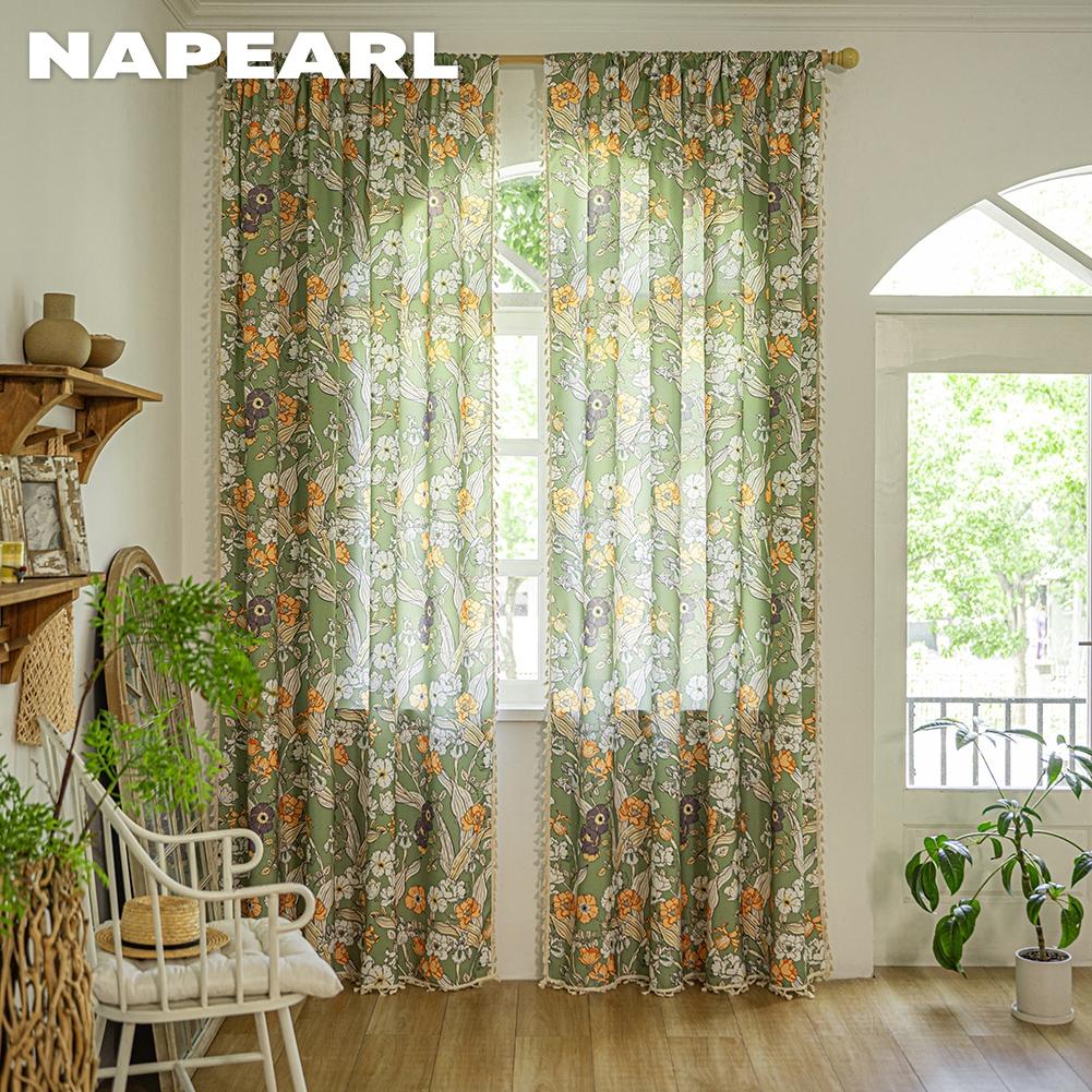 1PC NAPEARL French Retro Floral Printed Curtains Pastoral Style Tassel Edge Semi Blackout Curtains for Bedroom Living Room Window Home Decor