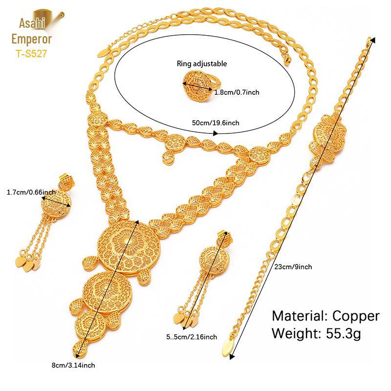 Dubai Wedding Jewelry Set: Ethnic Brass Gold-Plated Necklace, Earrings, Ring, and Bracelet.