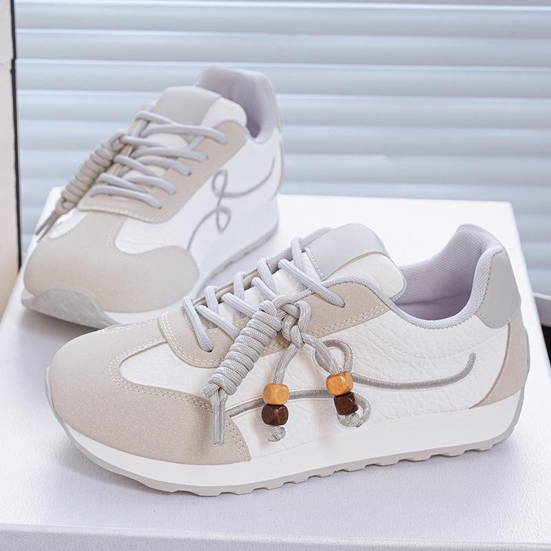 Soft leather ugly cute height-increasing German training shoes 22 autumn thick-soled beaded lace-up casual sports shoes