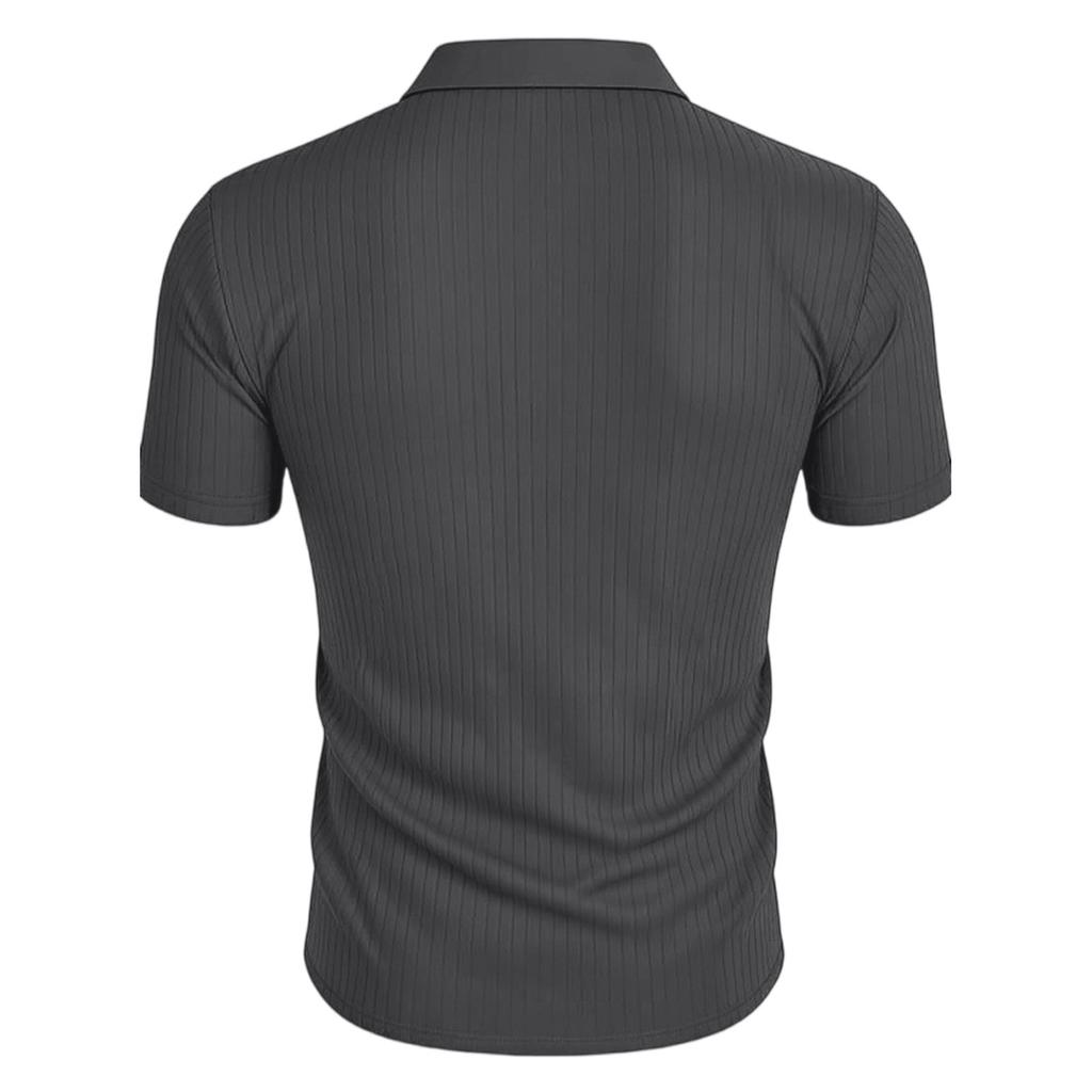 Flip Collar  V-Neck  Vertical Stripes  Short Sleeves  T-Shirt