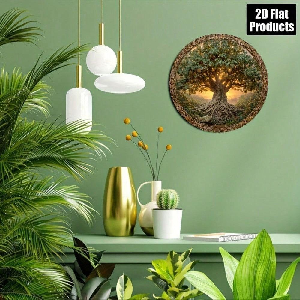 Round Tree of Life Metal Wall Art, Vintage Aluminum Sign 8x8 Inch, Retro Home Decor for Bar Cafe Living Room