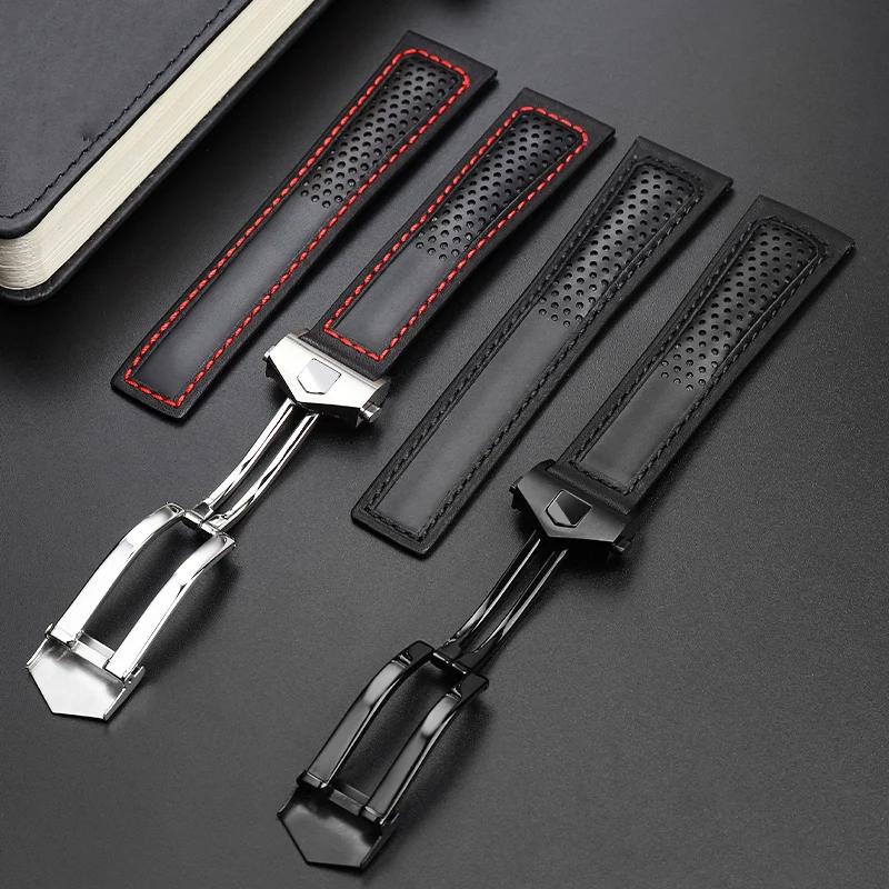 Cow Leather Watch Strap 22mm Watchband For Tag Heuer Fiyta Tissot Watch Band Red Stitches Genuine Leather Bracelet High Quality