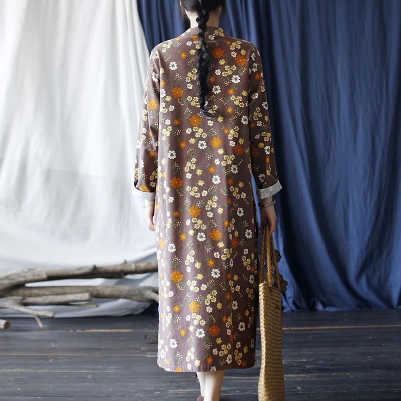 Johnature Women Chinese Style Dress Stand Long Sleeve Print Floral Autumn A-Line Vintage Women Dress