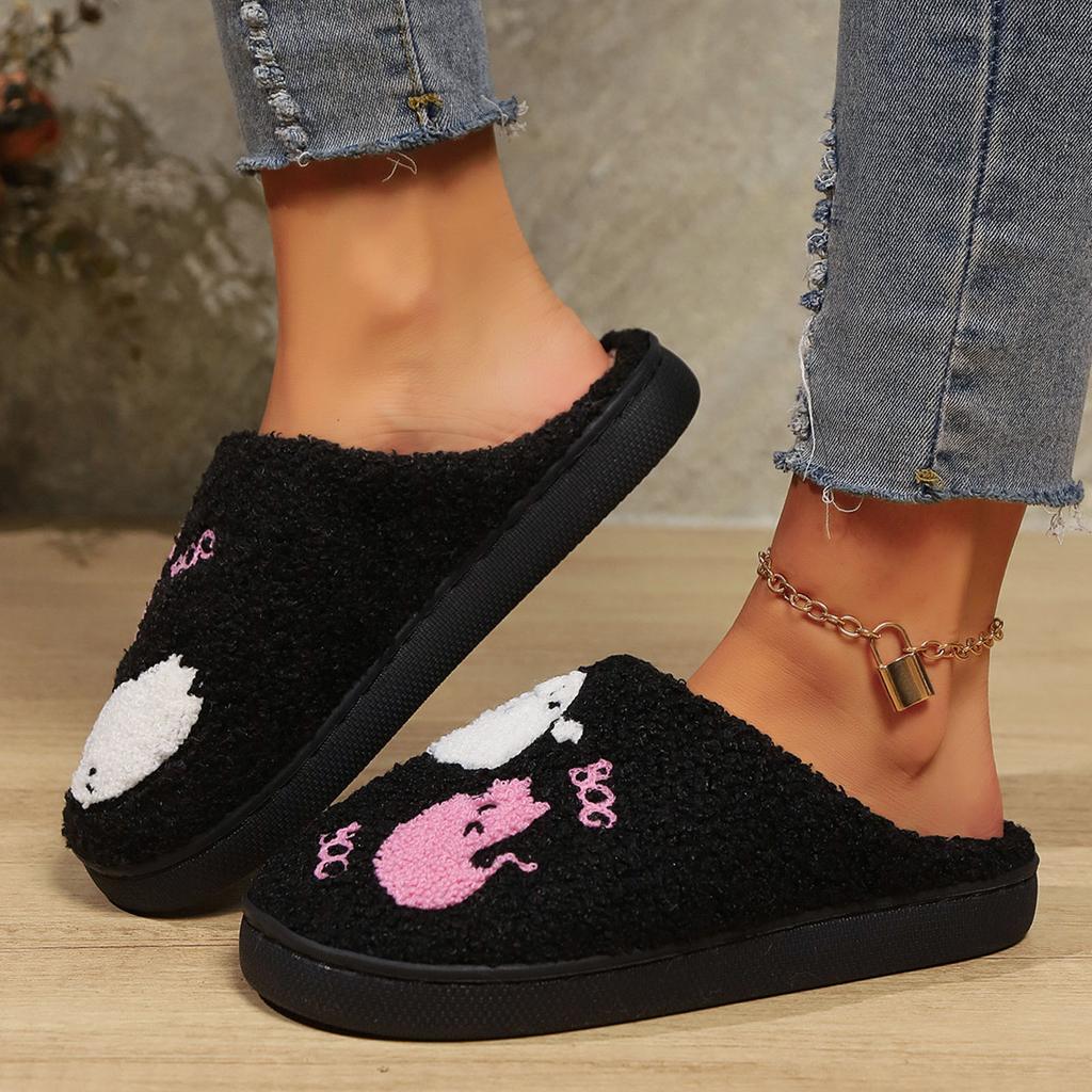 Women's Halloween Printed Plush Warm Cotton Slippers Fashionable And Casual Home Slip Closed Toe Womens Ballet Slippers Velour