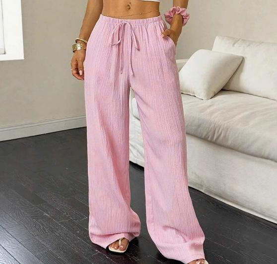 Women's Summer Casual Solid Color Textured Fabric Wide Leg Pants, Knot Waist Oblique Pocket Trousers