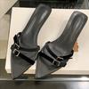 Elegant Pointed Toe Kitten Heel Slippers Women Narrow Strap Buckle Design Summer Slide Sandals Comfort Non Slip Beach Loafers
