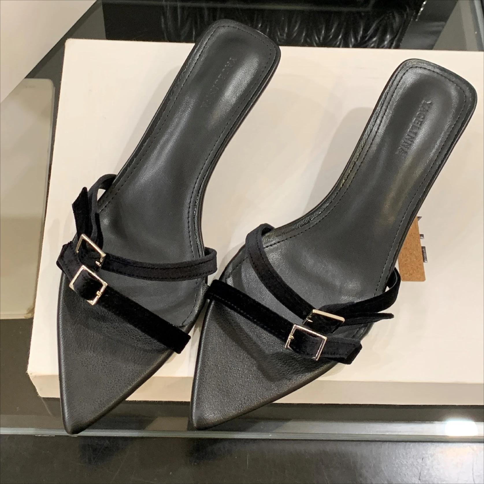 

Модные летние сексуальные шлепанцы с узким ремешком и пряжкой, женские модные туфли-лодочки с острым носком и каблуком-рюмочкой, брендовые сандалии-слайды, элегантные туфли для вечеринки 35 чёрный