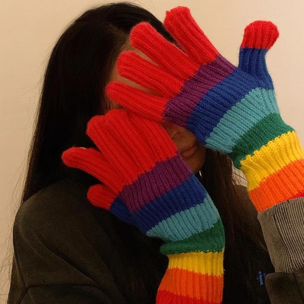Touchscreen Winter Gloves Rainbow Color Knit Warm Gloves Touch Screen Phone Compatible for Outdoor Sports Running Hiking Skiing
