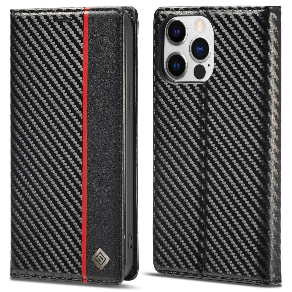 LC.IMEEKE Für iPhone 15 Pro Carbonfaser Textur Ständer Hülle Brieftasche Handy Lederhülle