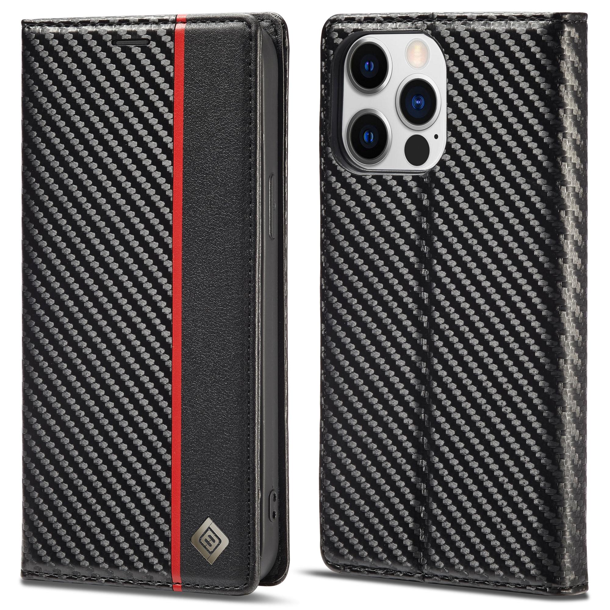 

LC.IMEEKE For iPhone 15 Pro Carbon Fiber Texture Stand Cover Wallet Phone Leather Case Vertical Stripe