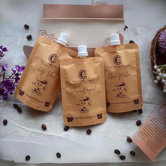 The Coffee Clique | Classic Original + Choco Mocha + Velvety Vanilla | Beaten Coffee Paste | Cafe Like Cappuccino At Home  | Pack of 3 | 320 GMs