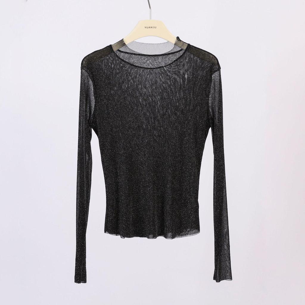 Feiyuan Women's Semi-Sheer Long-Sleeve Top, Solid Color, Versatile Sexy Base Layer, Tummy Concealer, Spring 2026 Arrival