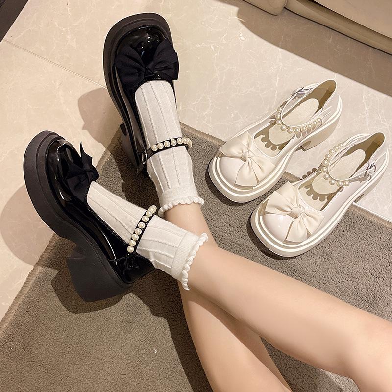 French fashion Mary Jane small leather shoes women's spring new thick-soled heightening bow with skirt thick heel high heel single shoes
