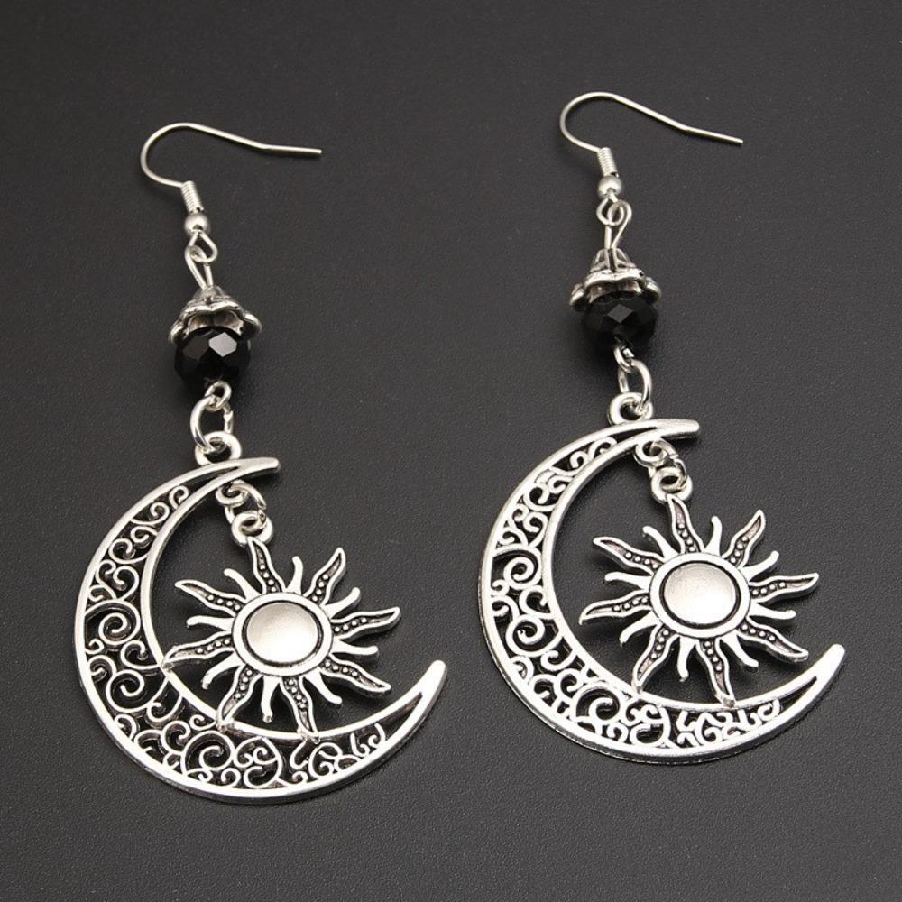 Bohemia Retro Silver Color Sun Hollowed-out Crescent Moon Five-pointed Star Pendant Dangle Earrings for Women Charm Jewelry Gift
