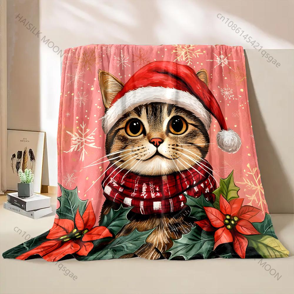 Christmas Themed Cat Santa Hat Blanket Warm Soft Luxury Gifts for Children Adults Suitable for Home Bed Sofa Travel Camping RV