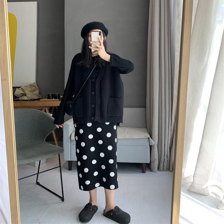 Pencil Skirt Women's Fashionable Polka Dot Knitted Midi Skirt High Waist Slim-Fitting Thickened Slit Skirt
