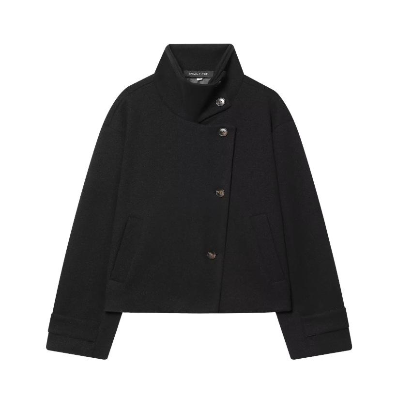 Women's Stand Collar Asymmetric Button Cropped Coat Solid Color Turn Cuff Patch Pockets Loose Fit Casual Outerwear