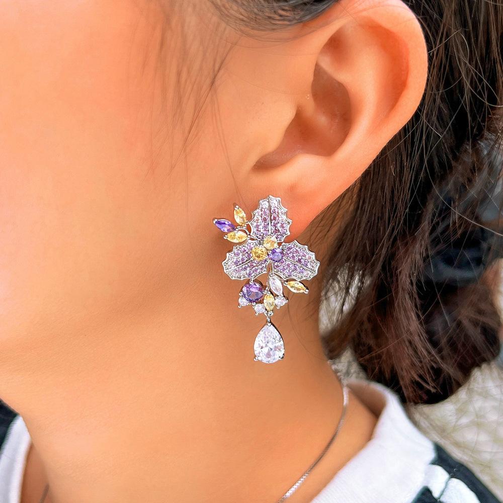 French Light Luxury Temperament Design Sense Flower Full Diamond Drop Earrings Bright Zircon Ear Jewelry