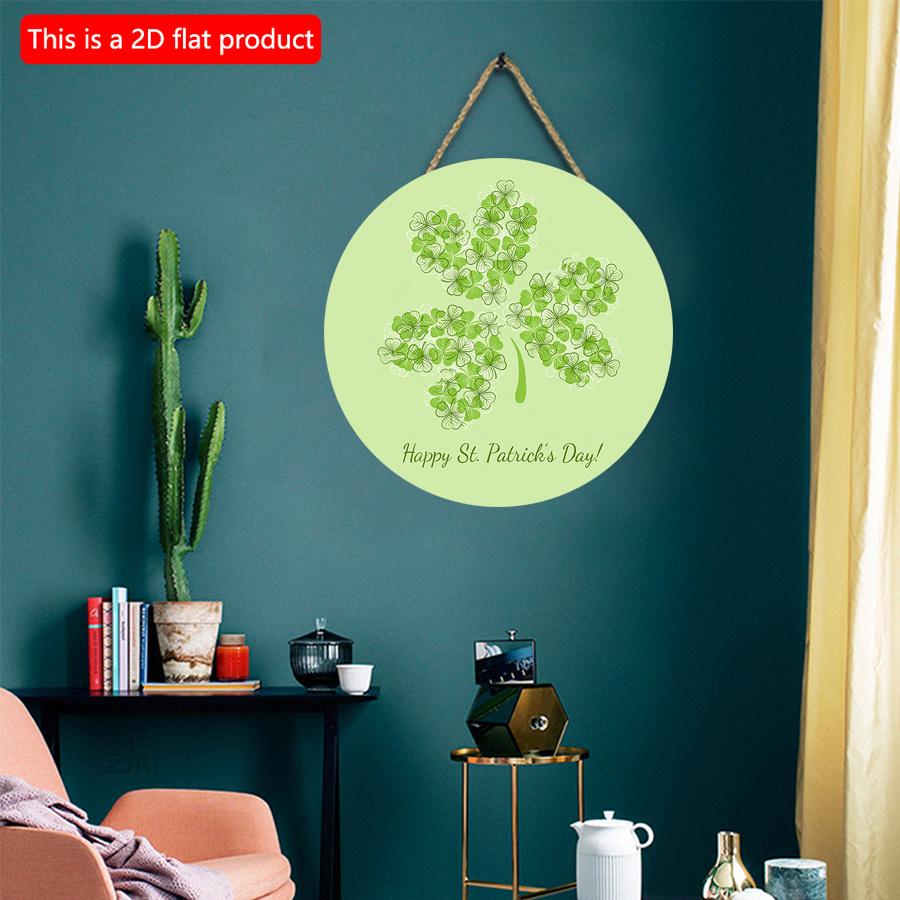 2D flat 20*20cm1pc Happy St.Patrick's Day Green fresh four-leaf grass patterns Welcome party Hanging Wooden Sign, Simplism&artistic Round Decorative