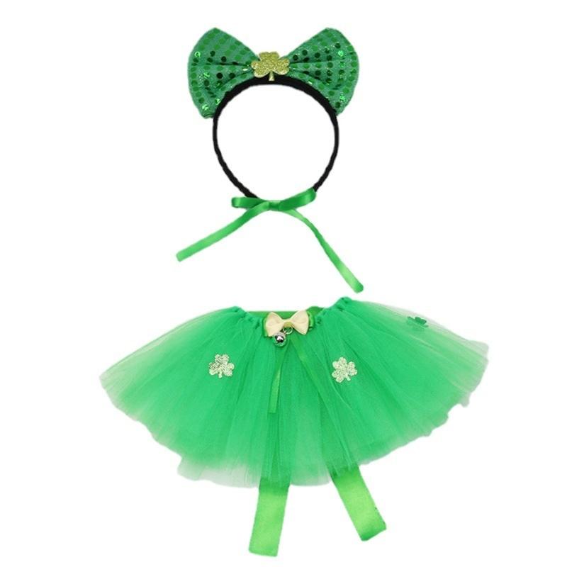 StPatricks Festival Cat Costume Dog Tulle Skirt Sequins Bowknot Headband Pet Irish Theme Dress Up Clothing Photo Outfit
