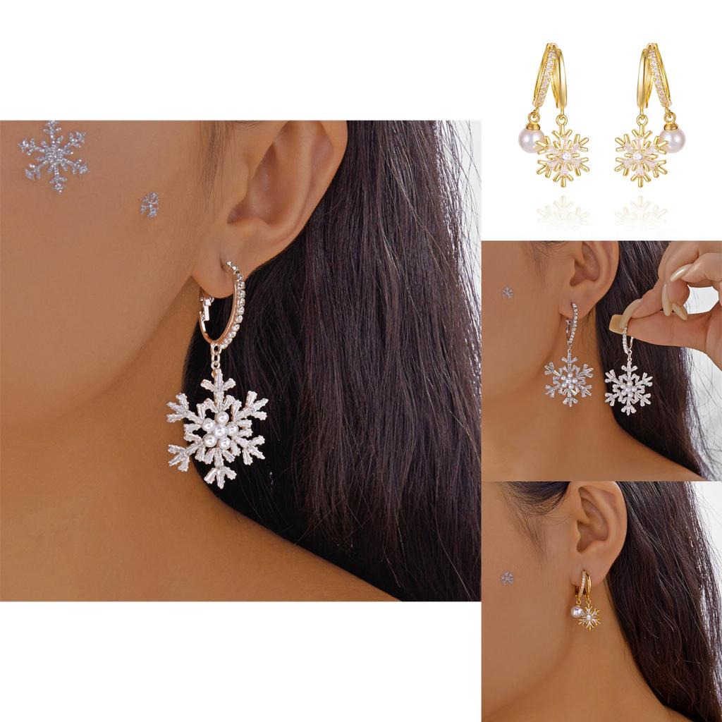Christmas Snowflake Earrings With Zirconia And Pearl For Women Holiday Accessory