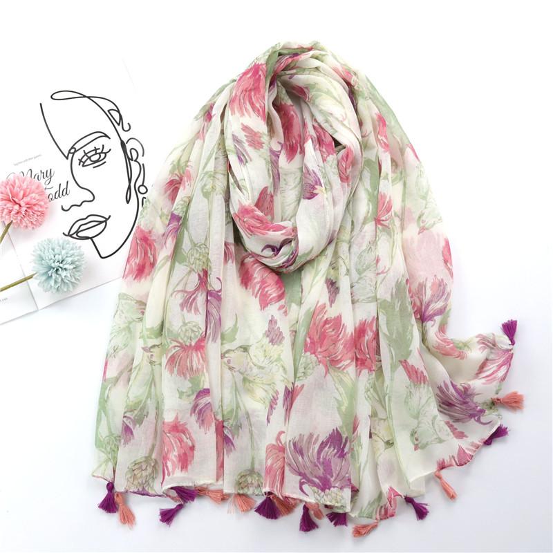 Autumn Fashion Ink Painting Floral Tassel Viscose Shawl Scarf Lady High Quality Wrap Pashmina Stole Bufandas Muslim Hijab Sjaal