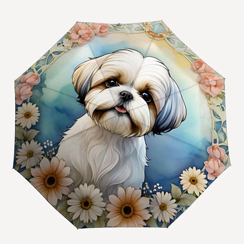 1pc Floral Dog Automatic Opening/Closing Umbrella with Operation & Windproof Canopy - Folding Design, Holiday Gift yy260225200