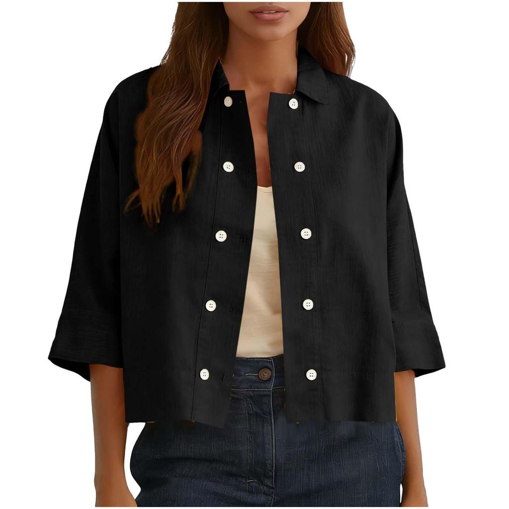 Women's Fashion -Color Cotton And Linen Double-breasted Short Half-sleeved Cardigan Top