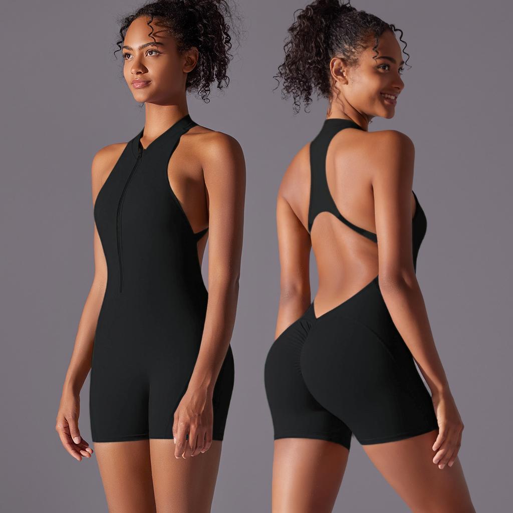 Sommar Scrunch Gym Jumpsuit Damträningsdräkt Korta set Sportoveraller för kvinna Träningsdräkt Yogakläder Dragkedja Träning Sportkläder Med bröst