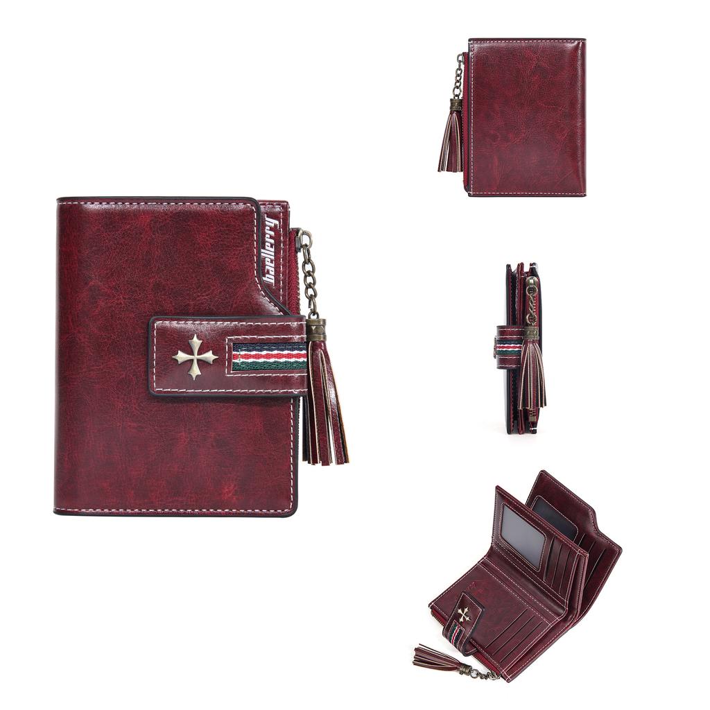 New pu women's wallet Korean oil wax leather fringed fashion short multi-card zipper change bag