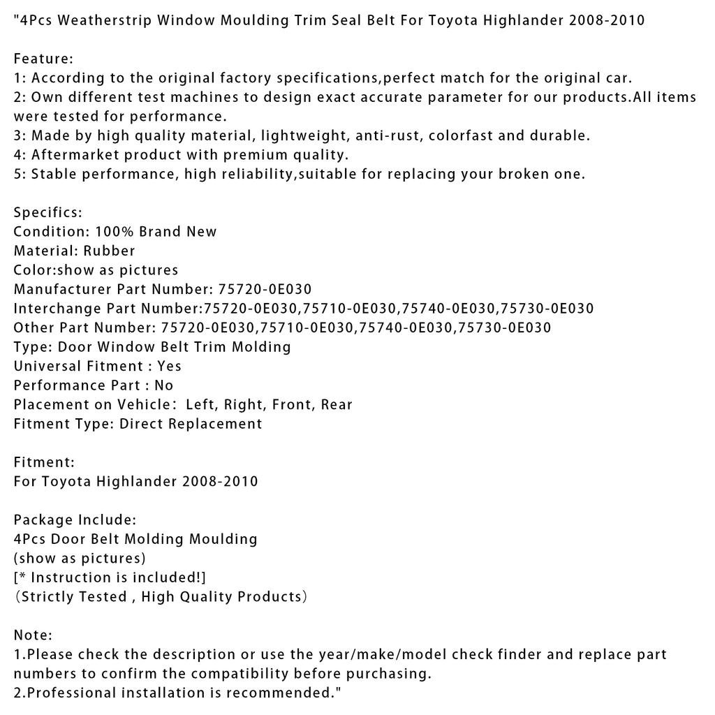 4Pcs Weatherstrip Window Moulding Trim Seal Belt For Toyota Highlander 2008-2010