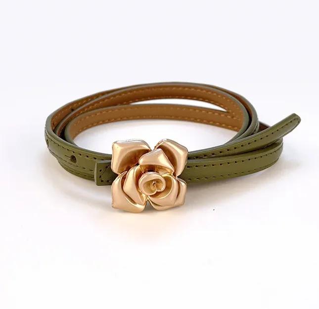 1.0cm New Unique Rose Genuine Leather Gold Belt Women Fashion Cowskin Flower Thin Belts Female Jeans Dress Waistband