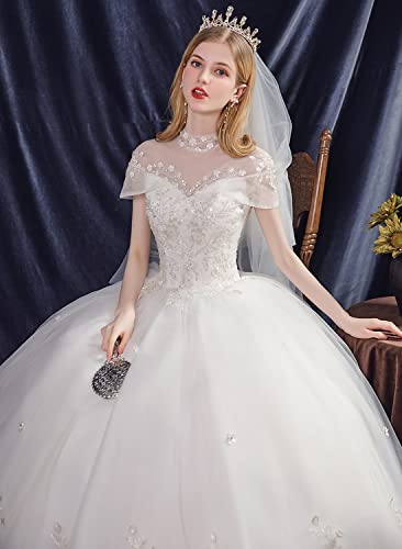 [Housaku Co., Ltd.] Wedding Dress, High Neck, French Sleeves, Long Length, Princess Line, Elegant, Premium Dress, Lace-up, Pure White, Bridal Dress (2