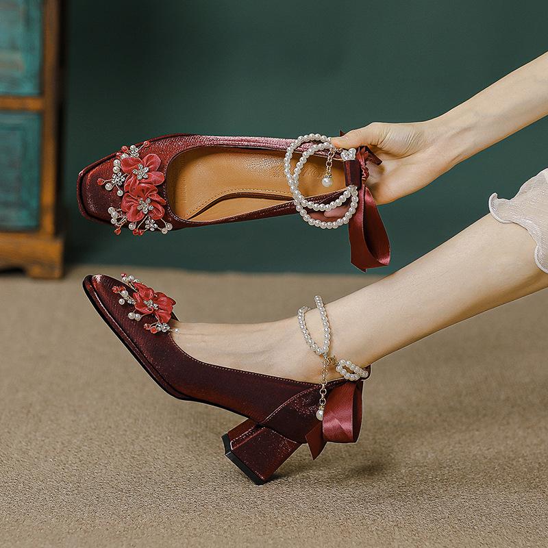 Square Head High Heels Thick Heel Mary Jane Shoes Red Wedding Shoes High Sense Pearl Medium Heel Single Shoes