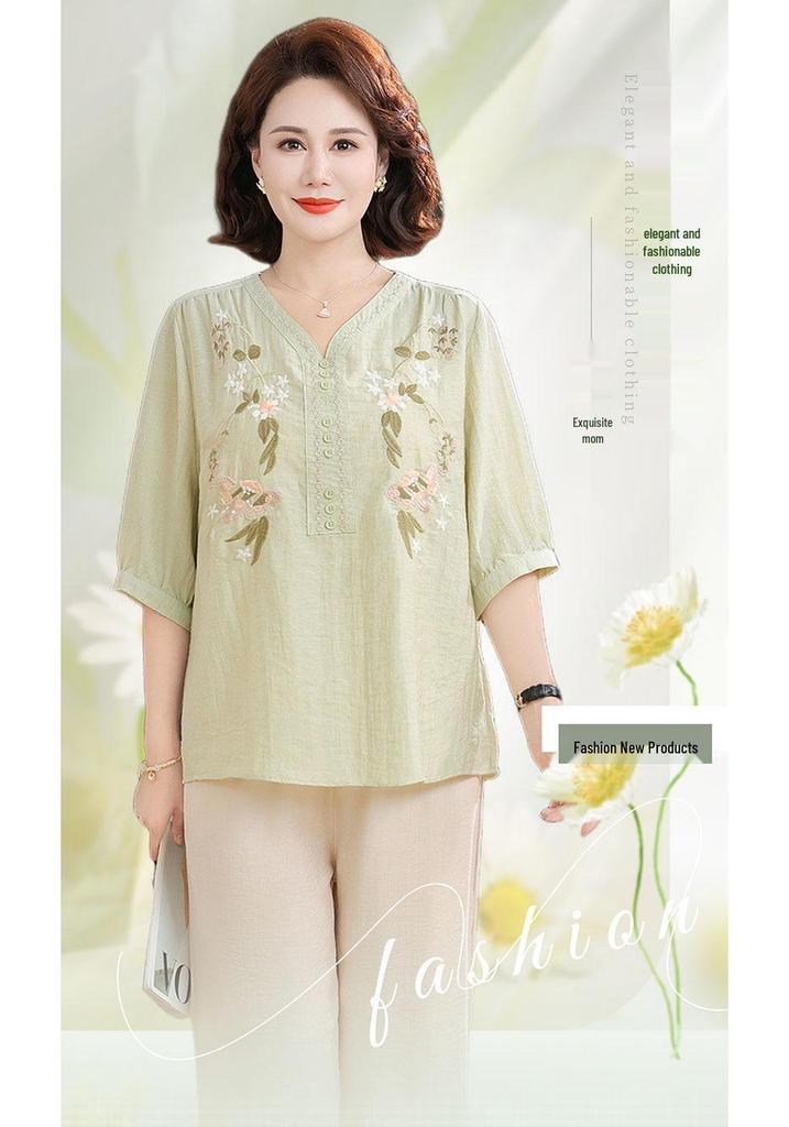 Elegant Summer Cotton Linen Set: Stylish 2026 Short-Sleeved Top for Middle-Aged and Elderly Women's Fashion