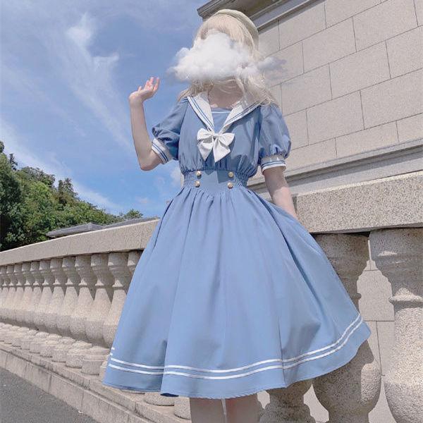 Vestido Lolita Lindo de Hermana Suave para Mujer Dulce Manga Abullonada Delgado Vestidos de Estudiante Fiesta Retro Niñas Lazo Cuello Marinero Vestidos