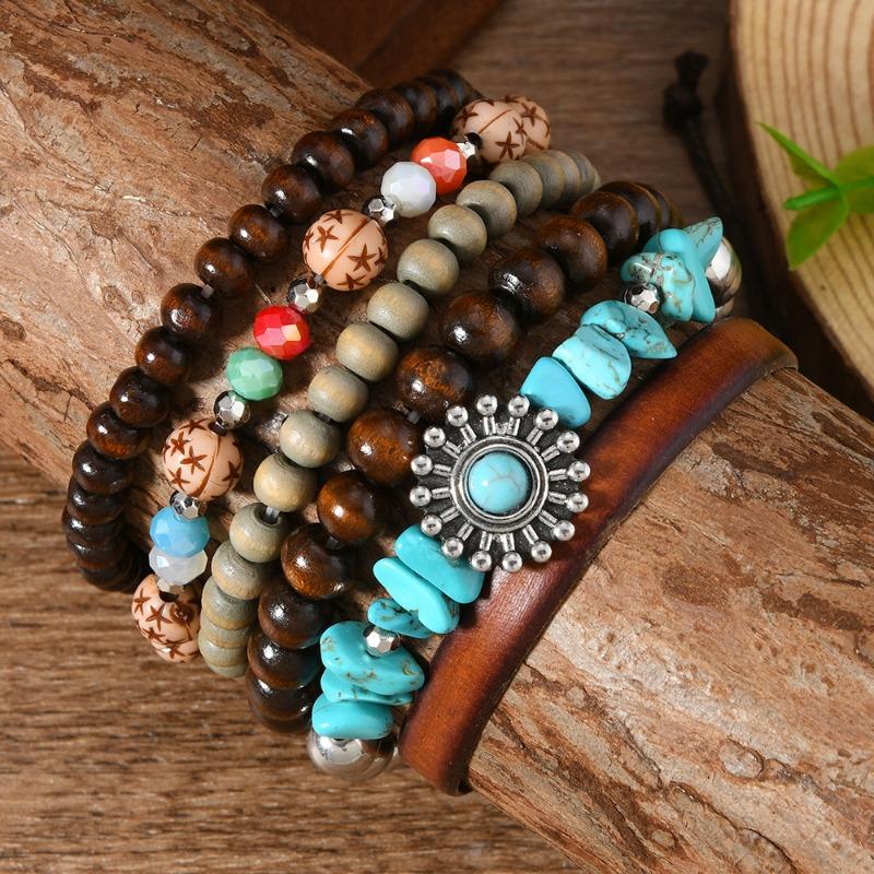 6-Piece New Wooden Bead Beaded Turquoise Bracelet Suitable for Daily Wear by Men and Women