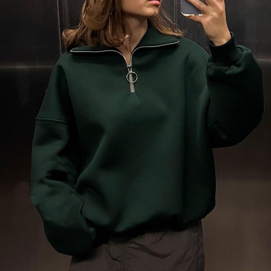 

GMXIA Свитшот с воротником, осенне-зимний женский стиль унисекс, модный уличный тренд, свободный свитшот на молнии с лацканами L зелёный