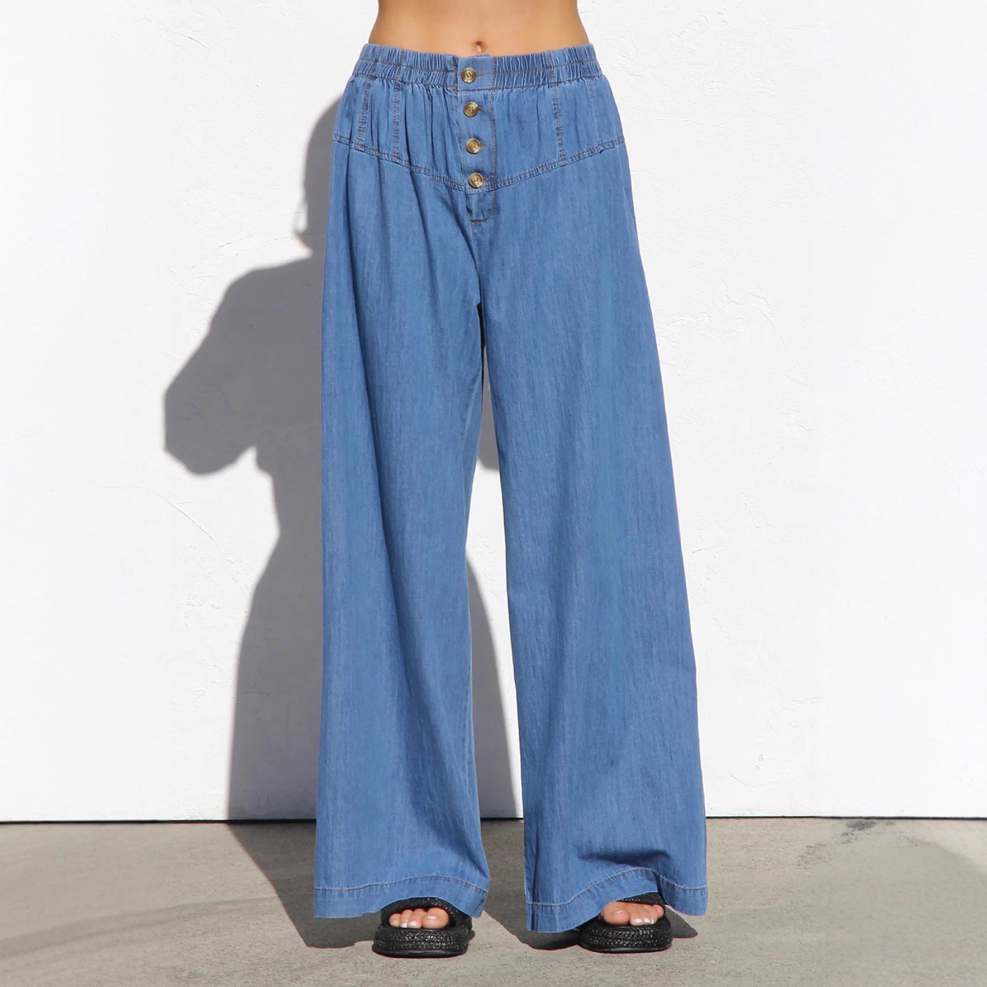 Spring/Summer Retro Wide-Leg Elastic Waist Denim Pants Small