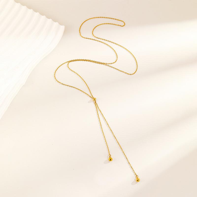 Korean Stainless Steel Y-Shaped Long Tassel Pendant Necklace for Women Simple Metal Ball Adjustable Sweater Chain Jewelry Gift