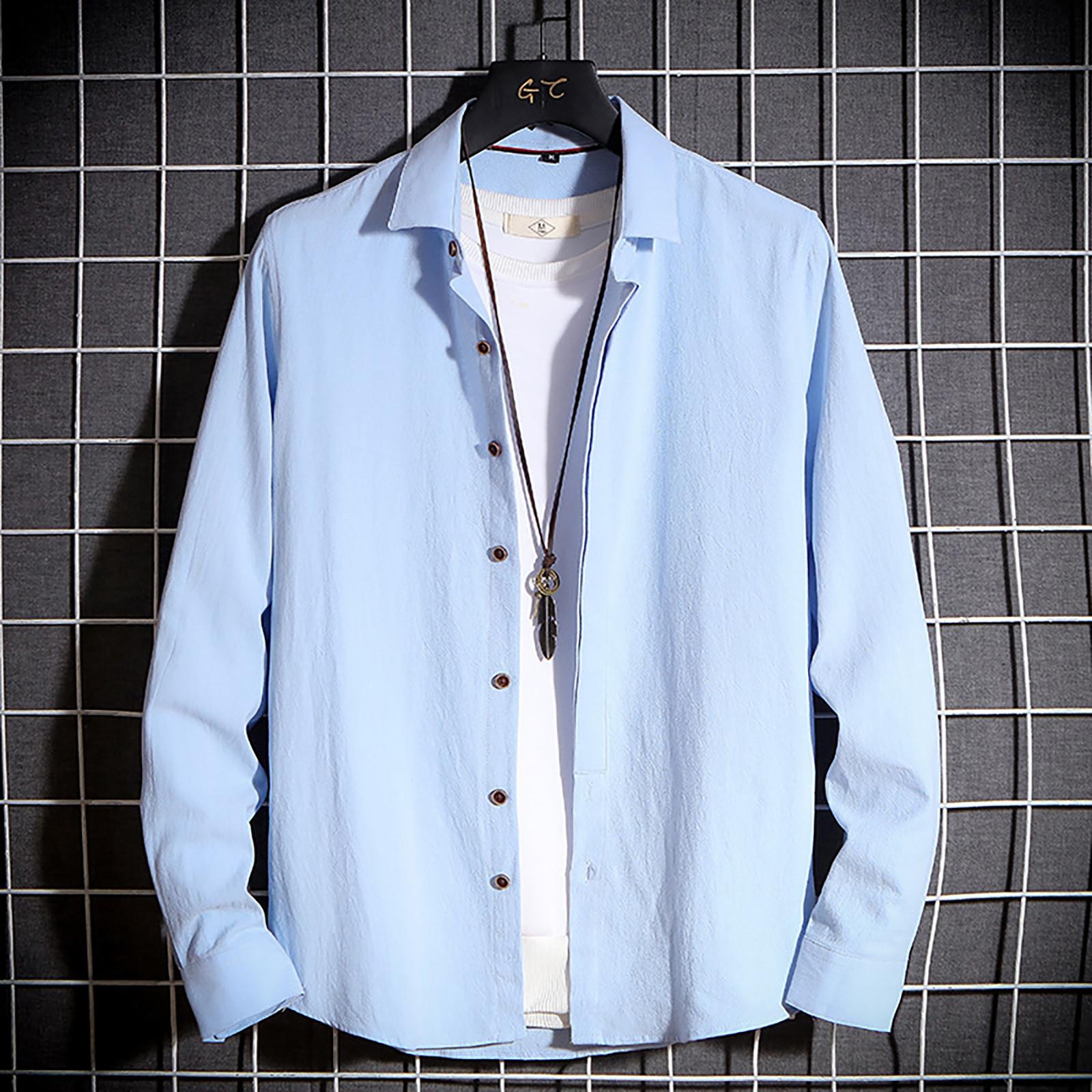 

Дизайнерские весенне-летние мужские повседневные рубашки из хлопка и льна, однотонные рубашки с длинными рукавами, свободные рубашки с воротником-стойкой XXL синий